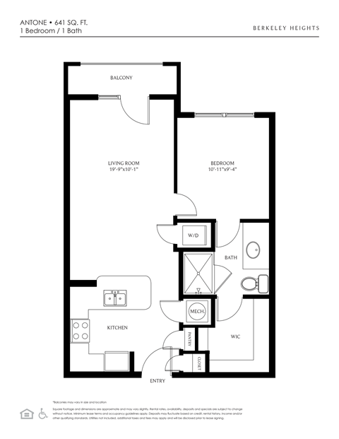 Floor plan for 1 bed, 1 bath, 641 sqft